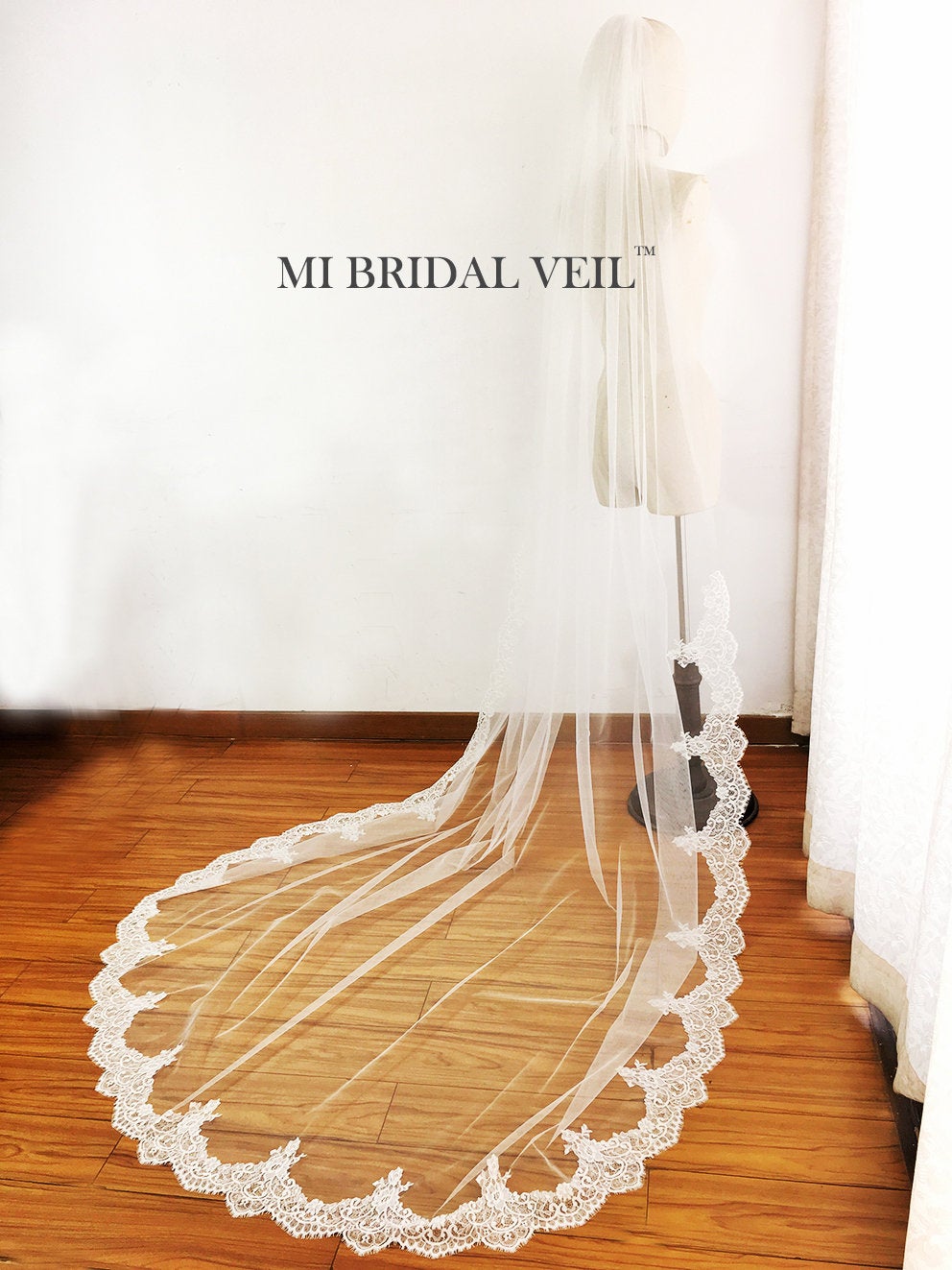 Cathedral Lace Wedding Veil, Eyelash Chantilly Lace at Fingertip, Mi Bridal