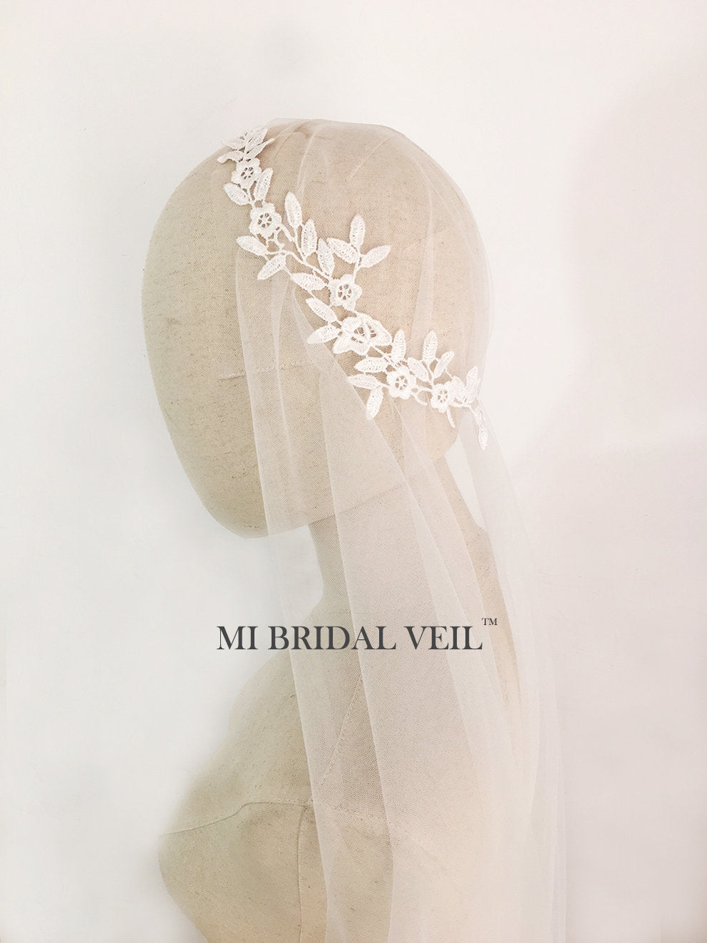 1920's Vintage Bridal Headband Veil with Tulle & Floral Beading