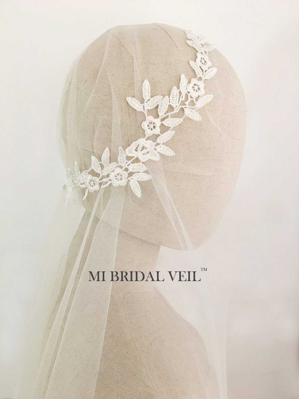 Wedding Birdcage Bridal Veil w/ Champagne Lace Appliques