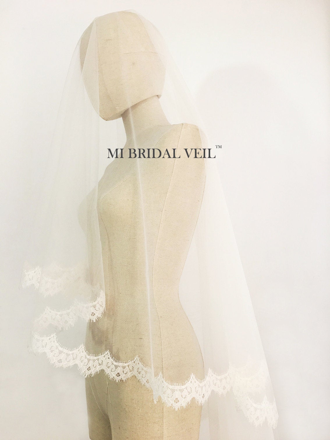 Cathedral Lace Wedding Veil with Blusher, Mantilla Lace Veil, Mi Bridal