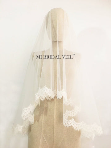 Cathedral Lace Wedding Veil with Blusher, Mantilla Lace Veil, Mi Bridal