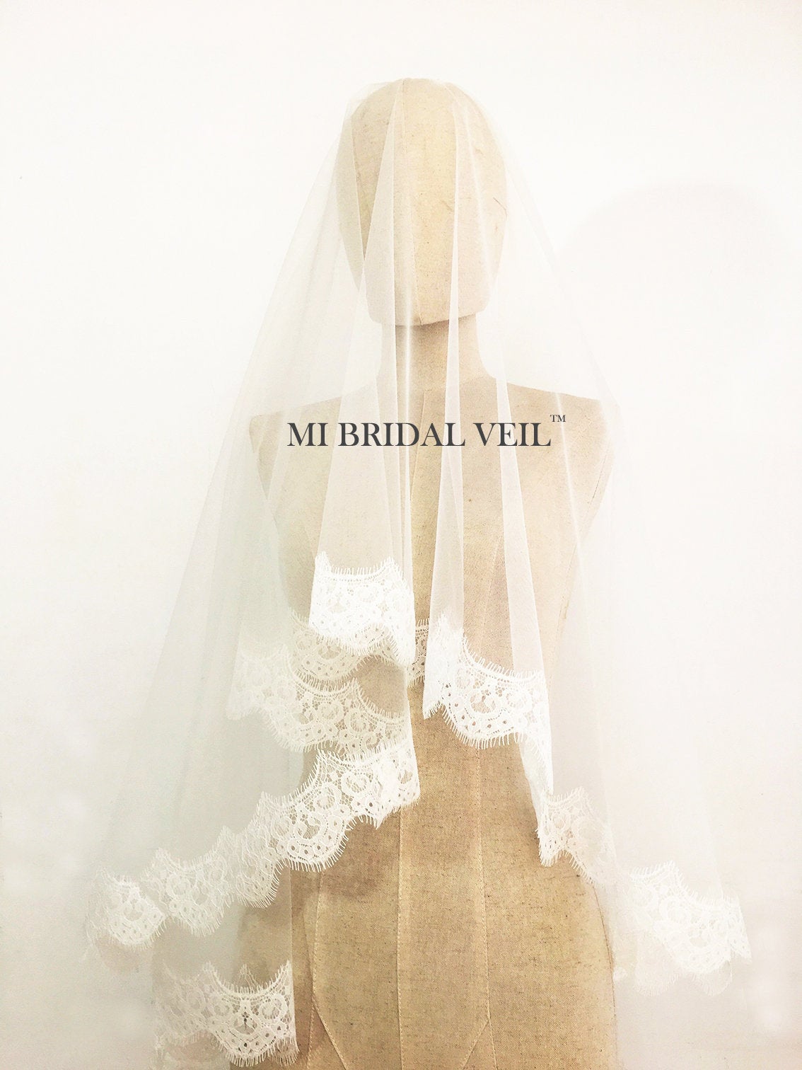 One Blushing Bride Cathedral Mantilla Veil with Eyelash Lace Trim, Lace Wedding Veil Off White / Diamond / 108 inch Cathedral / Without Beading