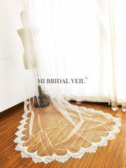 Cathedral Wedding Veil, Eyelash Chantilly Lace Bridal Lace Veil, Lace at Fingertip, Mi Bridal
