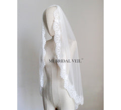 Fingertip Wedding Veil, Eyelash Rose Bridal Lace Veil, Mi Bridal