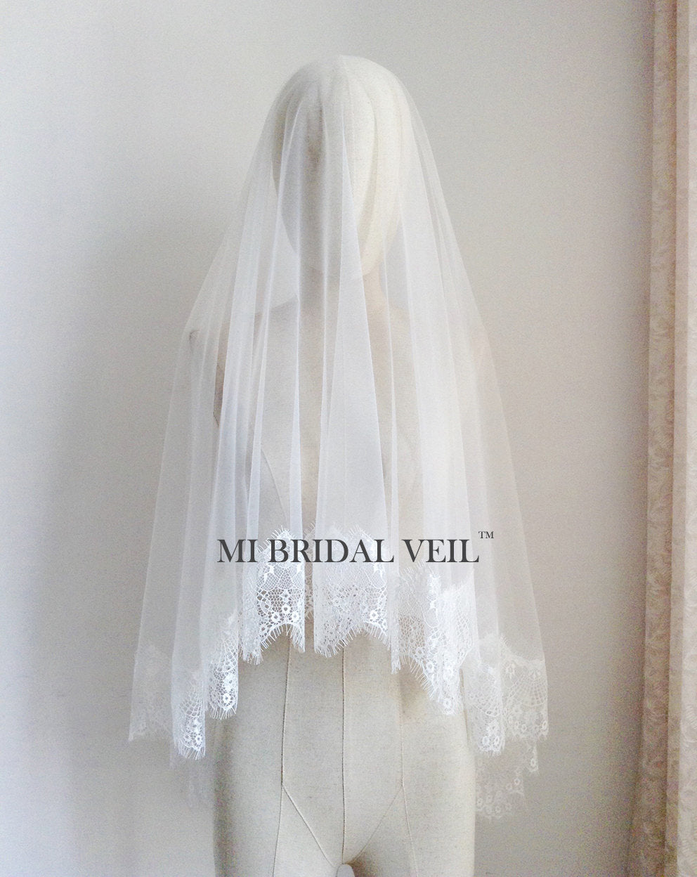 Mantilla Lace Wedding Veil,Eyelash Lace Bridal Veil w Blusher, Mi Bridal