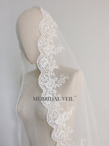 Mantilla Lace Wedding Veil, Vintage Inspired Rose Lace Bridal Veil, Mi Bridal