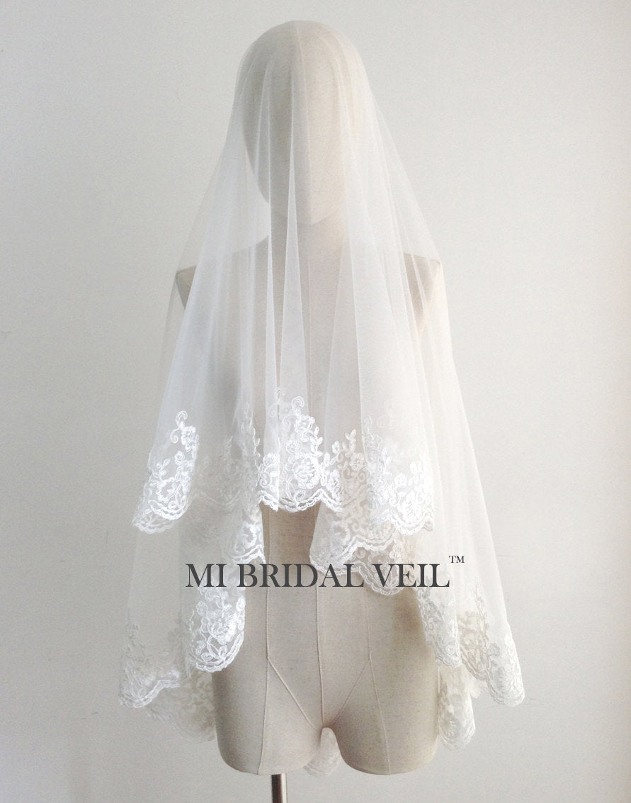 Off-white Scalloped Edge Wedding Veil With Hand-sewn Textile Petals 