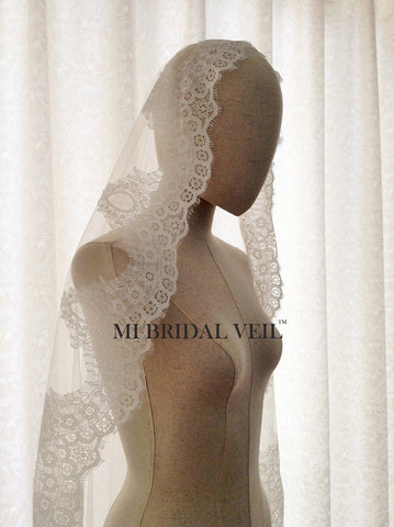 Cathedral Mantilla Lace Wedding Veil, Lace Veil with Blusher, Mi Bridal