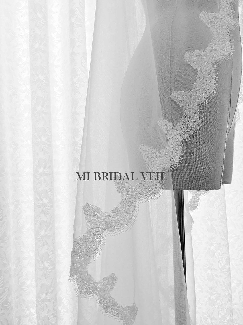 Mantilla Lace Wedding Veil, Fingertip Small Eyelash Lace Veil, Mi Bridal