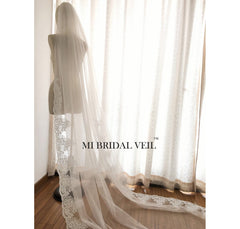 Cathedral Lace Wedding Veil, Vintage Inspired Rose Lace at Hip, Mi Bridal
