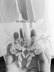 Lace Wedding Veil, Silver Lace Applique Fingertip Bridal Veil, Lace Mi Bridal